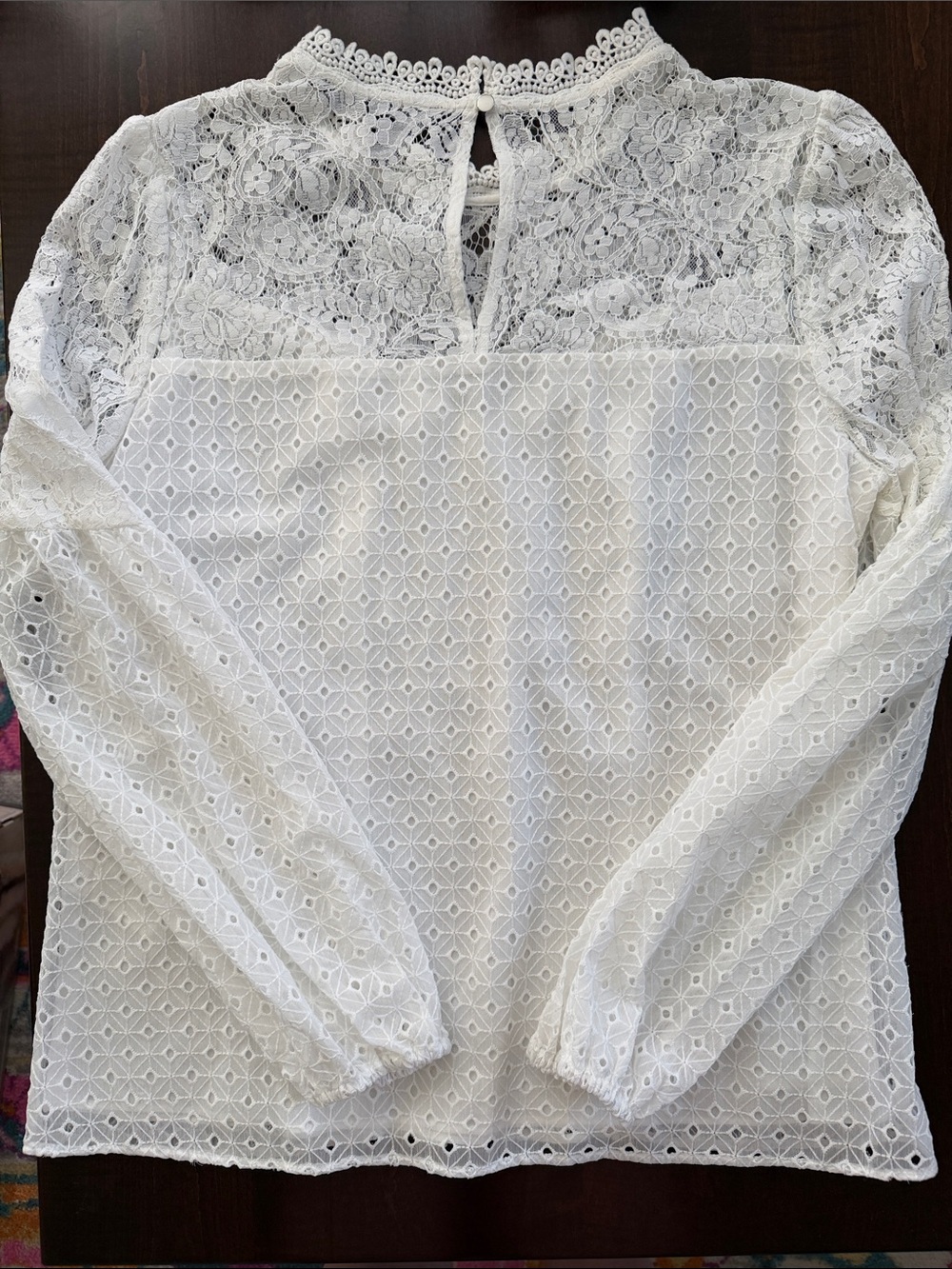 White House Black Market White Lace Long-Sleeve Crochet Blouse - Picture 3 of 3